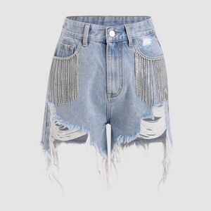 Cider Blue Distressed Denim Shorts with Fringe & embellishments